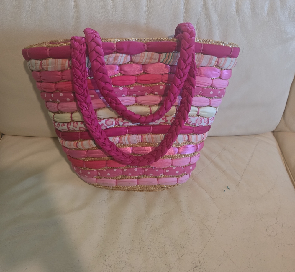 Pink Woven Tote Bag with Braided Handles